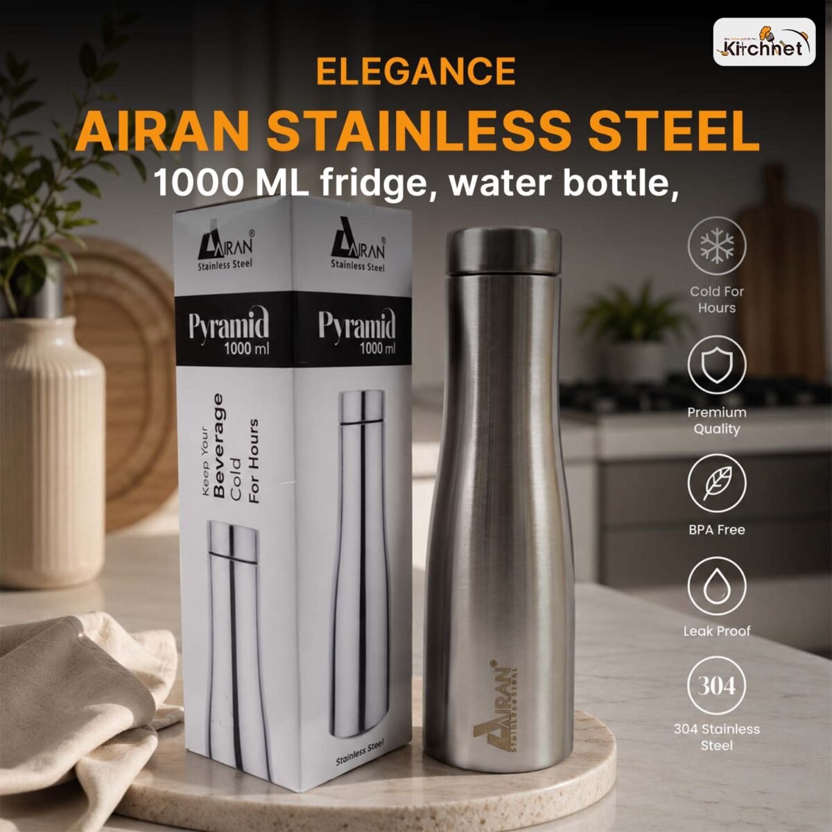 AIRAN STAINLESS STEEL PYRAMID 1000ML WATER BOTTLE