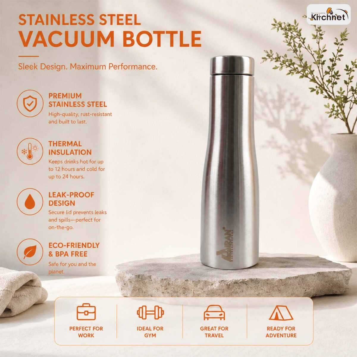 AIRAN STAINLESS STEEL PYRAMID 1000ML WATER BOTTLE