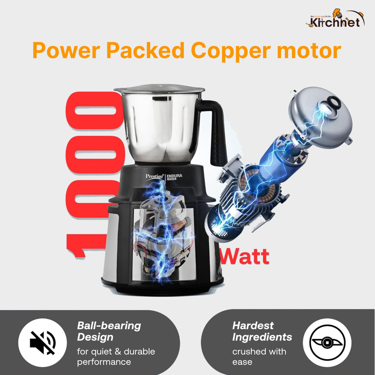 Prestige Endura 1000W Mixer Grinder with Ball Bearing Technology | Stainless Steel 3 Jars with Flow breakers | Overload protection | Black & Silver