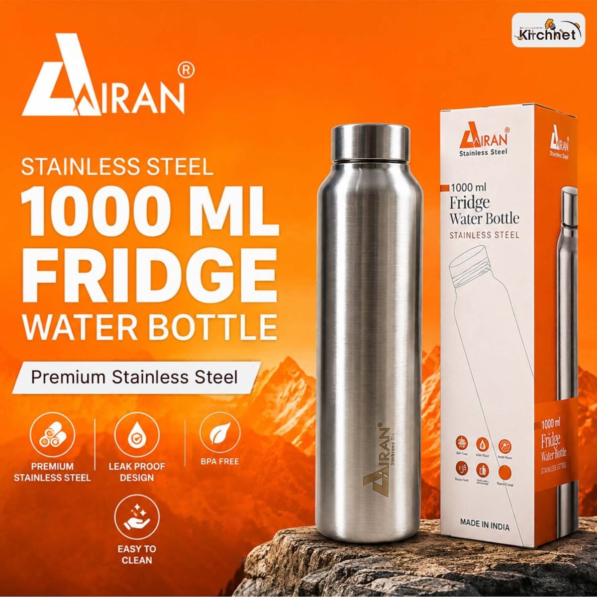 AIRAN STAINLESS STEEL 1000ML FRIDGE WATER BOTTLE