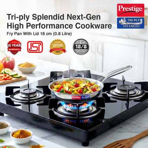 Prestige 26cm/2.3L Tri-Ply Stainless Steel Splendid Fry Pan with Lid|Gas and Induction Compatible|Even Heat Distribution| Thick Gauge Tri-Ply Body|15 Year Warranty