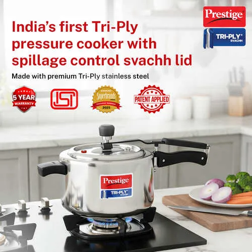 Prestige 3.5 L Tri-Ply Svachh Inner Lid Pressure Cooker| Gas and Induction Compatible| Spillage Control| Even Heat Distribution| Low Cooking Oil| Faster Cooking| 5 Years Warranty| Silver