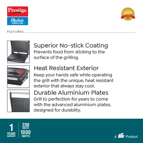 Prestige PEG 6.0 Non-Stick Coating 1000 W Electric Grill (Red and Black)