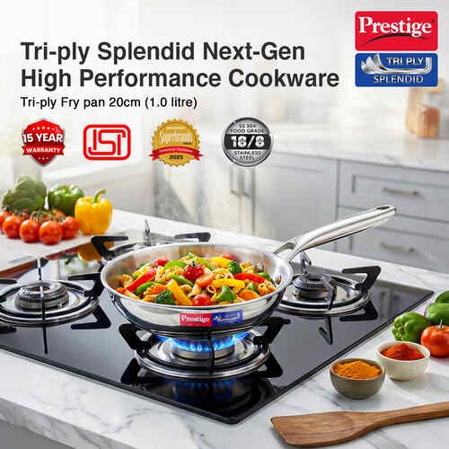 Prestige 22cm/1.2L Tri-Ply Stainless Steel Splendid Fry Pan| Gas and Induction Compatible |Even Heat Distribution| Thick Gauge Tri-Ply Body| 15 Year Warranty