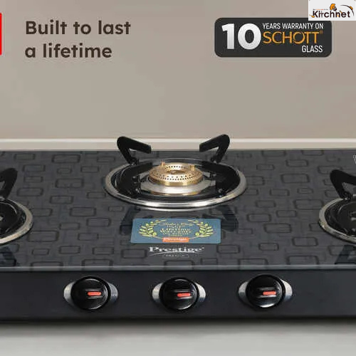 Prestige Premia Schott Glass Top Gas Stove (3 Burners) - GTS 03L (D) (Black)