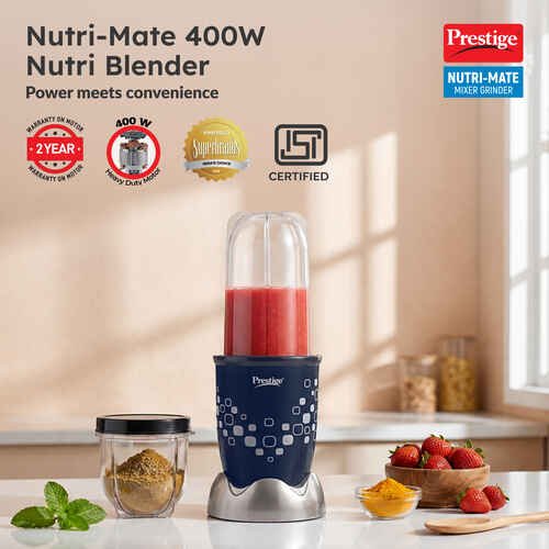 Prestige Nutri-Mate 400W Mixer Grinder | Compact Multipurpose Blender with 3 Jars & 3 Lids (Sipper, Storage, Sprinkle) | Easy to Clean | Dual Safety Interlock System | Ideal for Smoothies, Juices & Chutneys | 2Y Warranty
